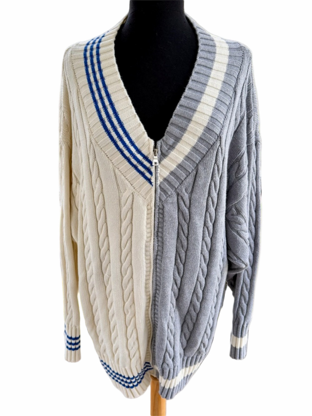 Good Alma Oversized Cotton Cable Knit Varsity Cardigan Zip Sweater Size XL-XXXL